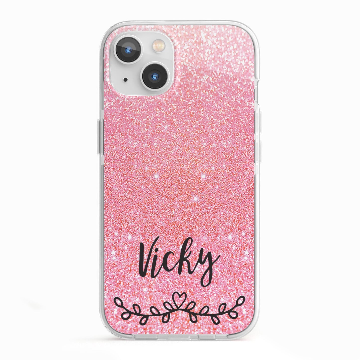 Pink Glitter with Custom Black Text iPhone 13 TPU Impact Case with White Edges