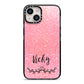 Pink Glitter with Custom Black Text iPhone 14 Black Impact Case on Silver phone