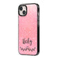 Pink Glitter with Custom Black Text iPhone 14 Plus Black Impact Case Side Angle on Silver phone