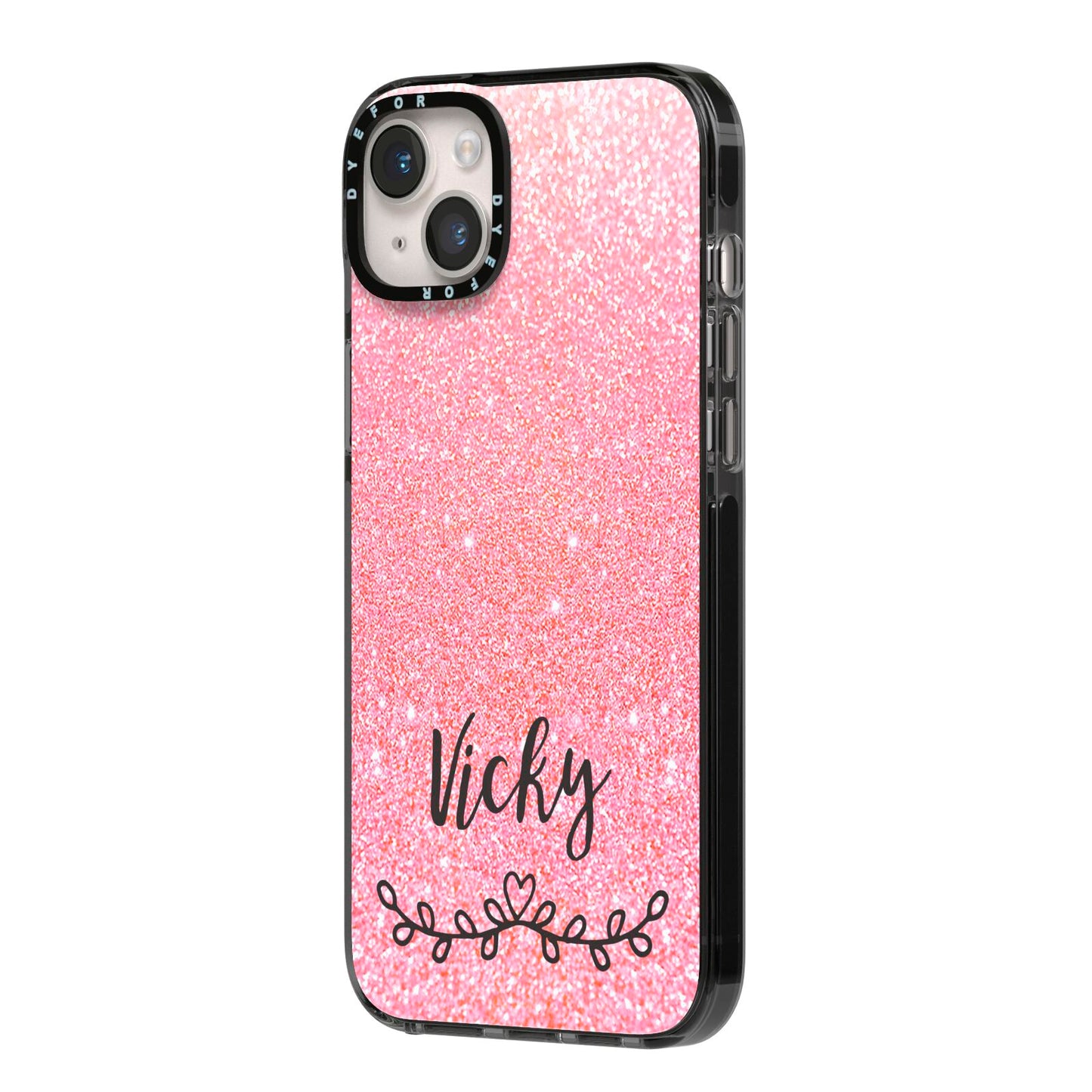 Pink Glitter with Custom Black Text iPhone 14 Plus Black Impact Case Side Angle on Silver phone