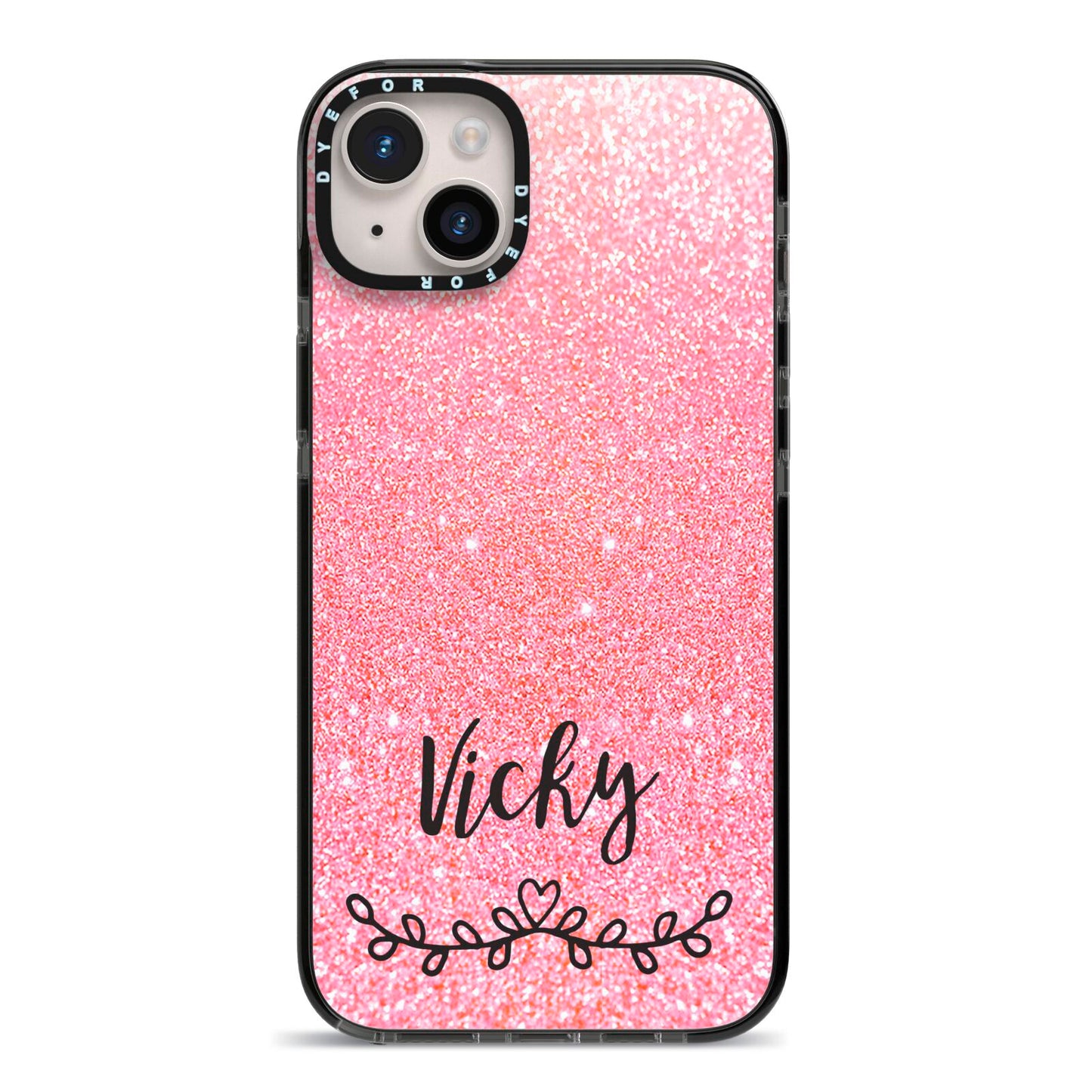 Pink Glitter with Custom Black Text iPhone 14 Plus Black Impact Case on Silver phone