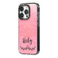 Pink Glitter with Custom Black Text iPhone 14 Pro Black Impact Case Side Angle on Silver phone