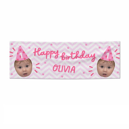 Pink Happy Birthday Personalised Face 6x2 Paper Banner