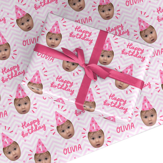 Pink Happy Birthday Personalised Face Custom Wrapping Paper