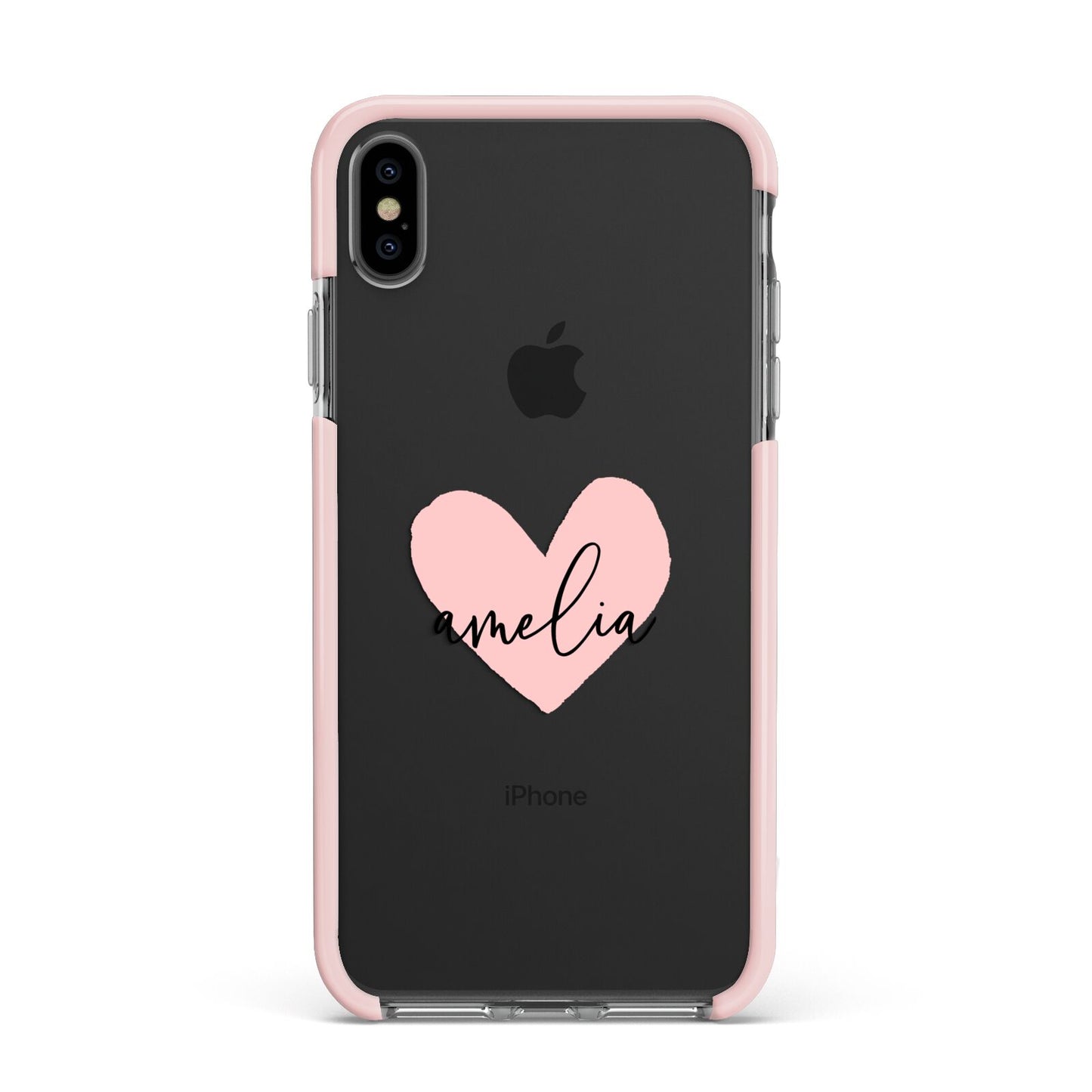 Pink Heart Sketch with Name Apple iPhone Xs Max Impact Case Pink Edge on Black Phone