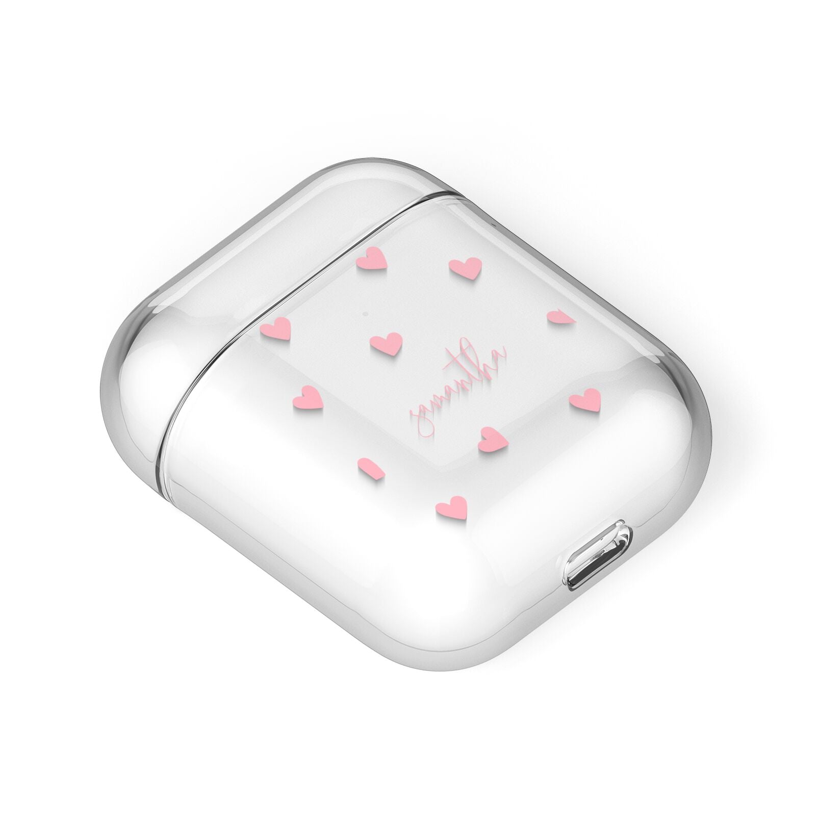 Pink Hearts with Custom Name AirPods Case Laid Flat