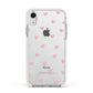 Pink Hearts with Custom Name Apple iPhone XR Impact Case White Edge on Silver Phone