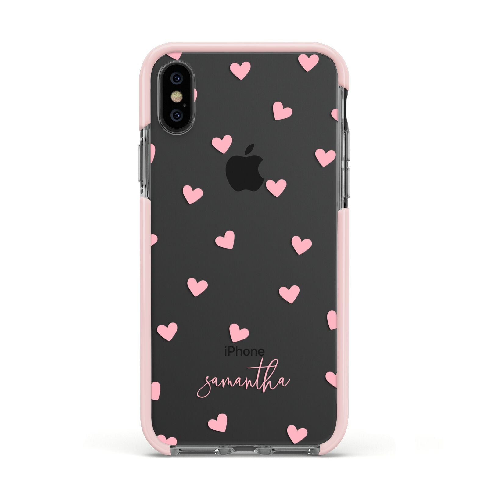 Pink Hearts with Custom Name Apple iPhone Xs Impact Case Pink Edge on Black Phone