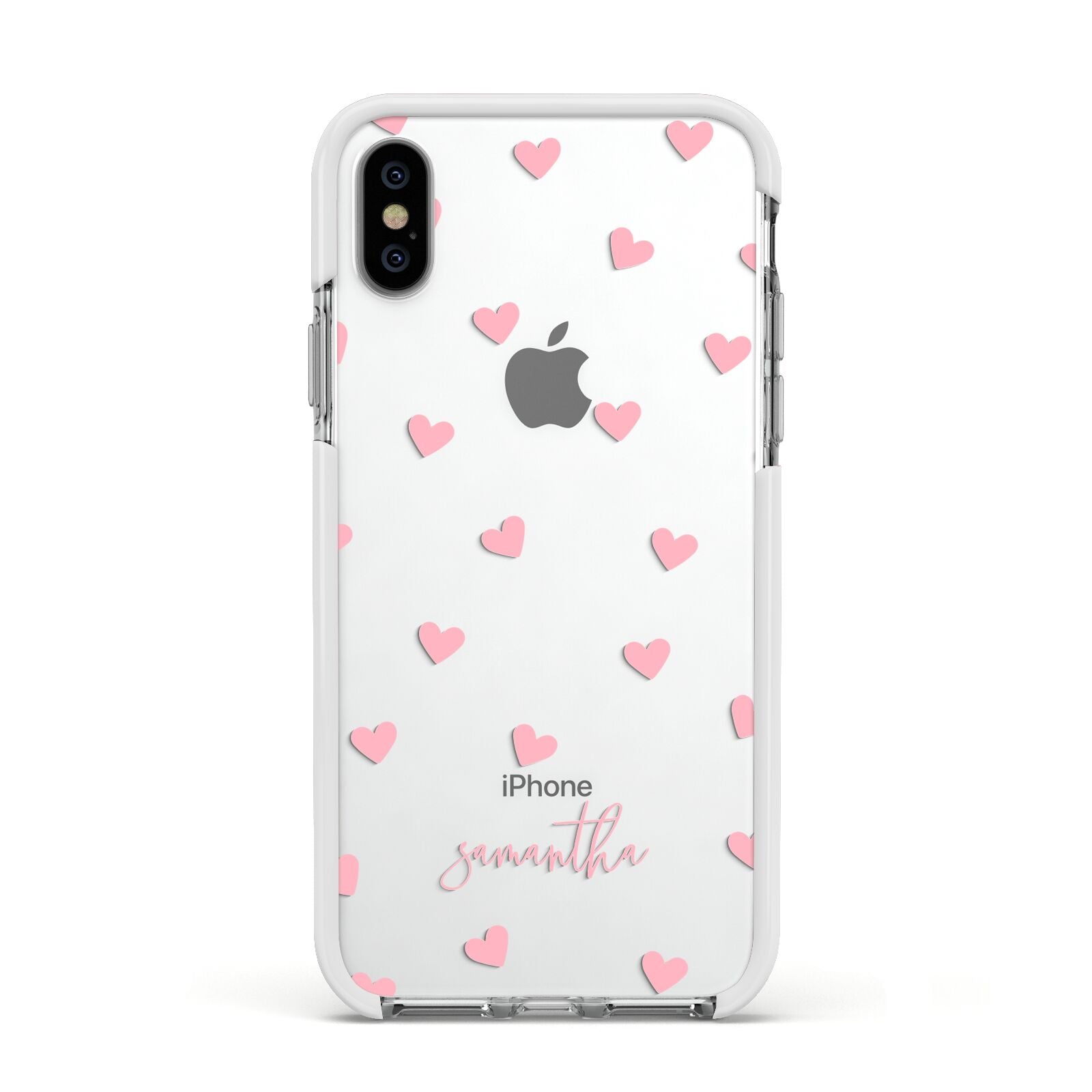 Pink Hearts with Custom Name Apple iPhone Xs Impact Case White Edge on Silver Phone