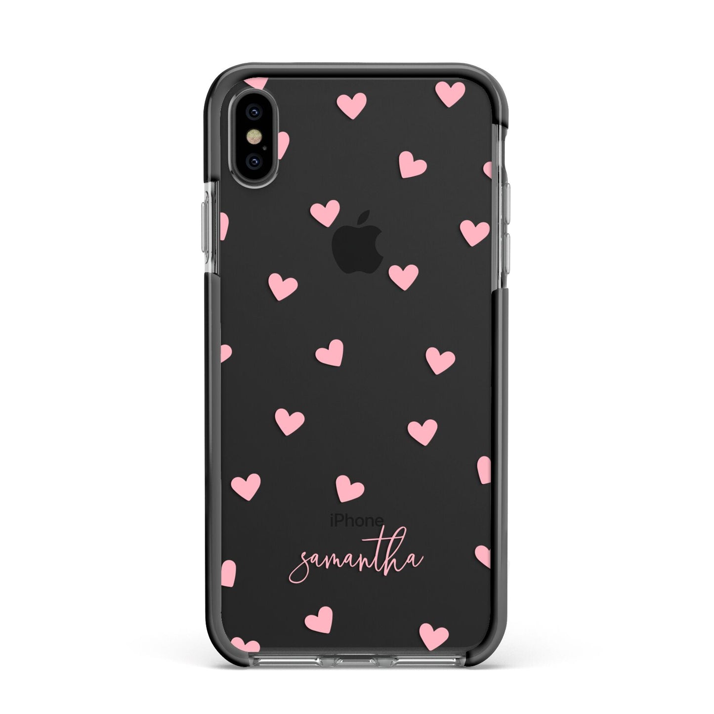Pink Hearts with Custom Name Apple iPhone Xs Max Impact Case Black Edge on Black Phone