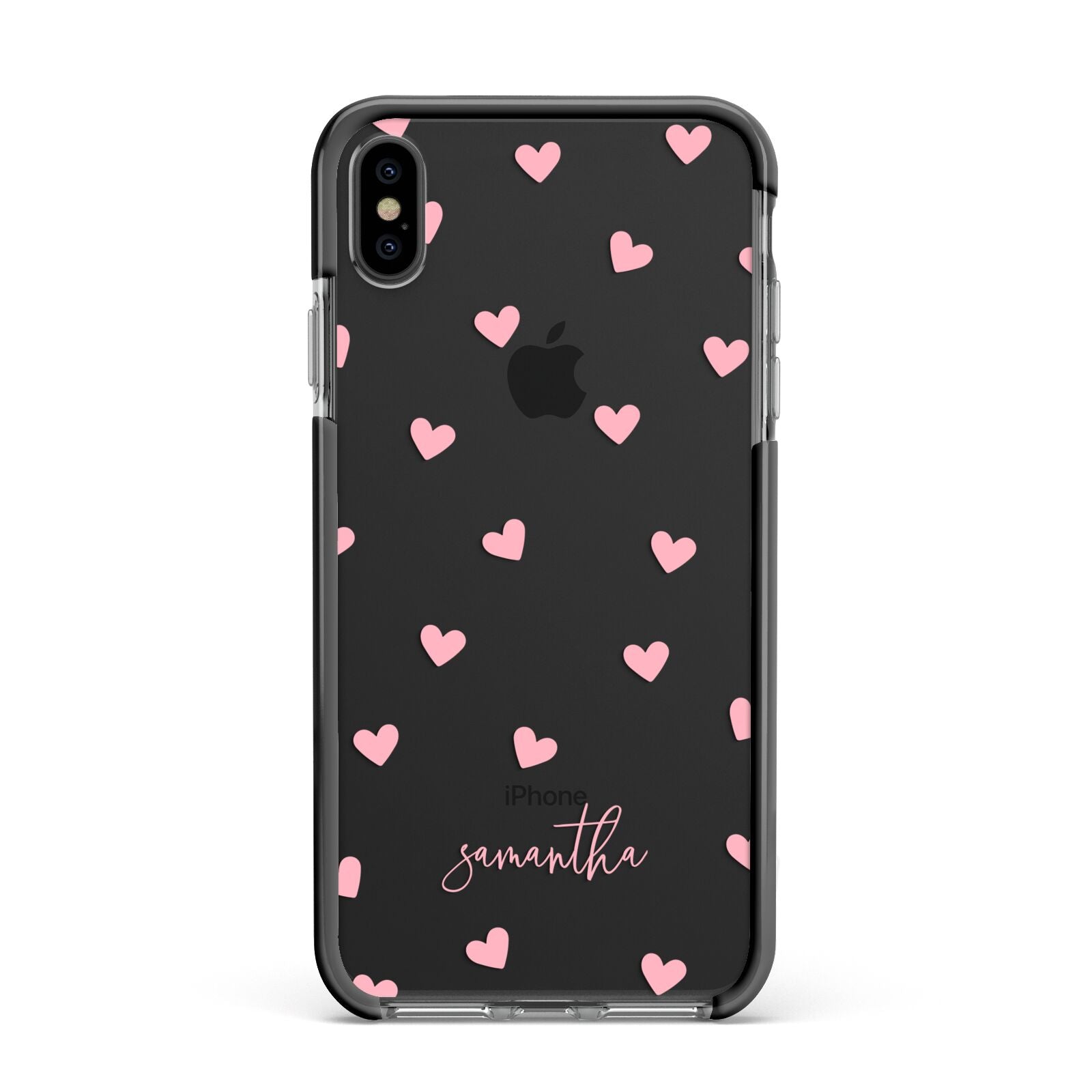 Pink Hearts with Custom Name Apple iPhone Xs Max Impact Case Black Edge on Black Phone