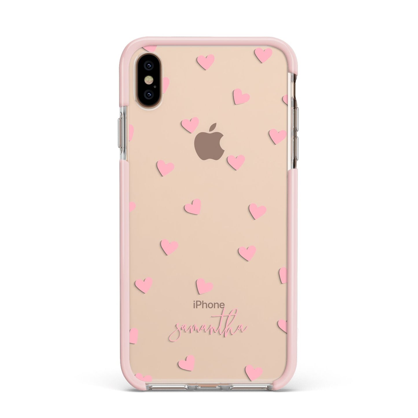 Pink Hearts with Custom Name Apple iPhone Xs Max Impact Case Pink Edge on Gold Phone