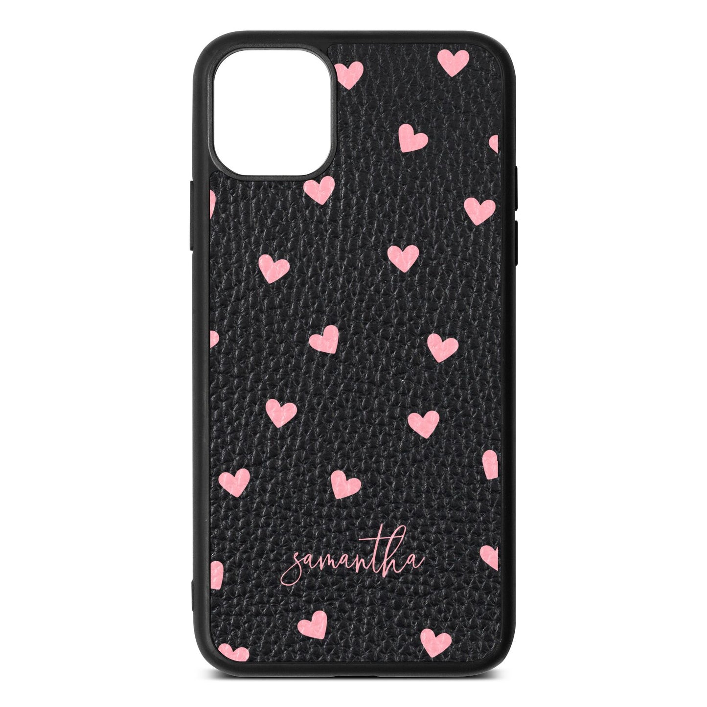 Pink Hearts with Custom Name Black Pebble Leather iPhone 11 Pro Max Case