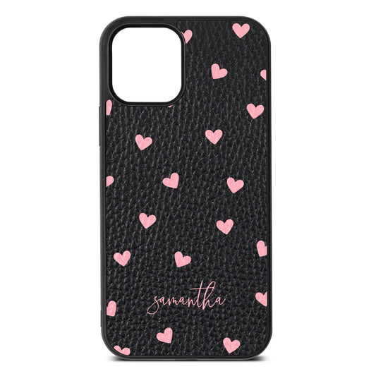 Pink Hearts with Custom Name Black Pebble Leather iPhone 12 Case