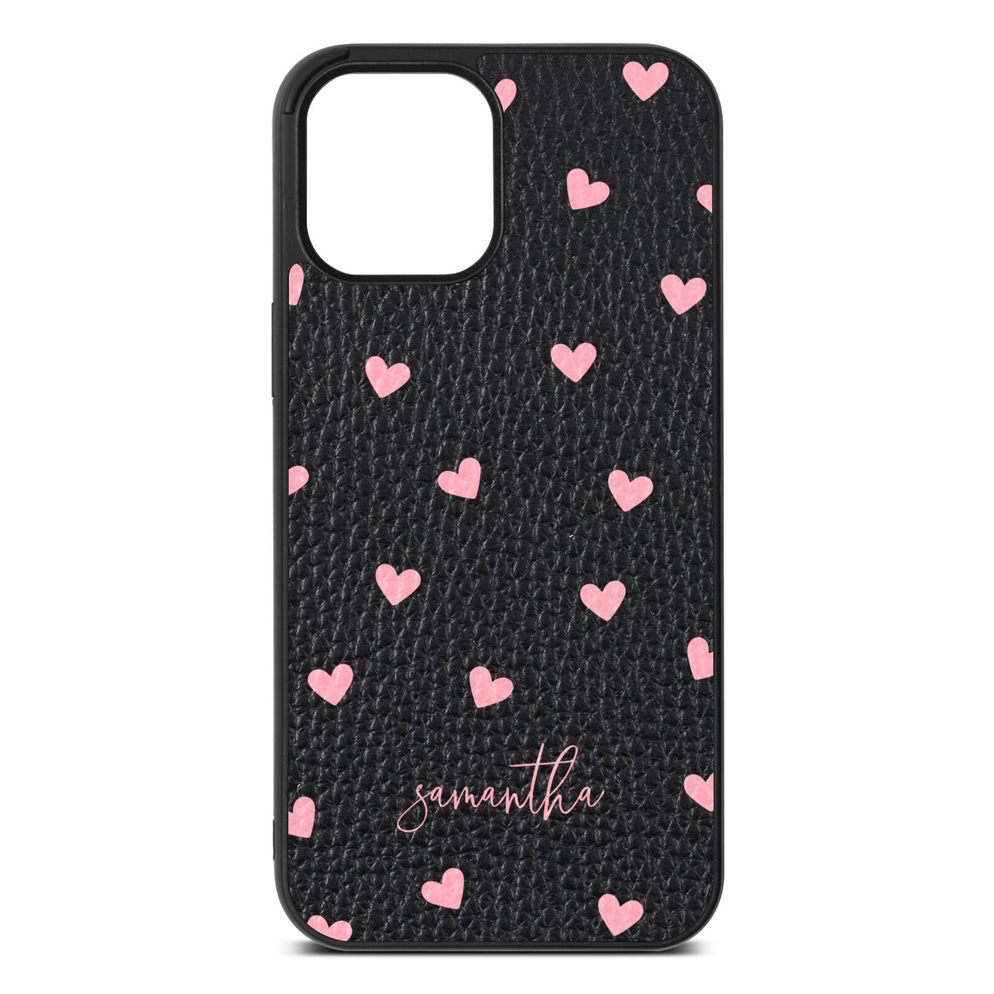 Pink Hearts with Custom Name Black Pebble Leather iPhone 12 Pro Max Case
