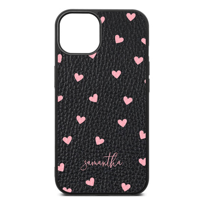 Pink Hearts with Custom Name Black Pebble Leather iPhone 13 Case