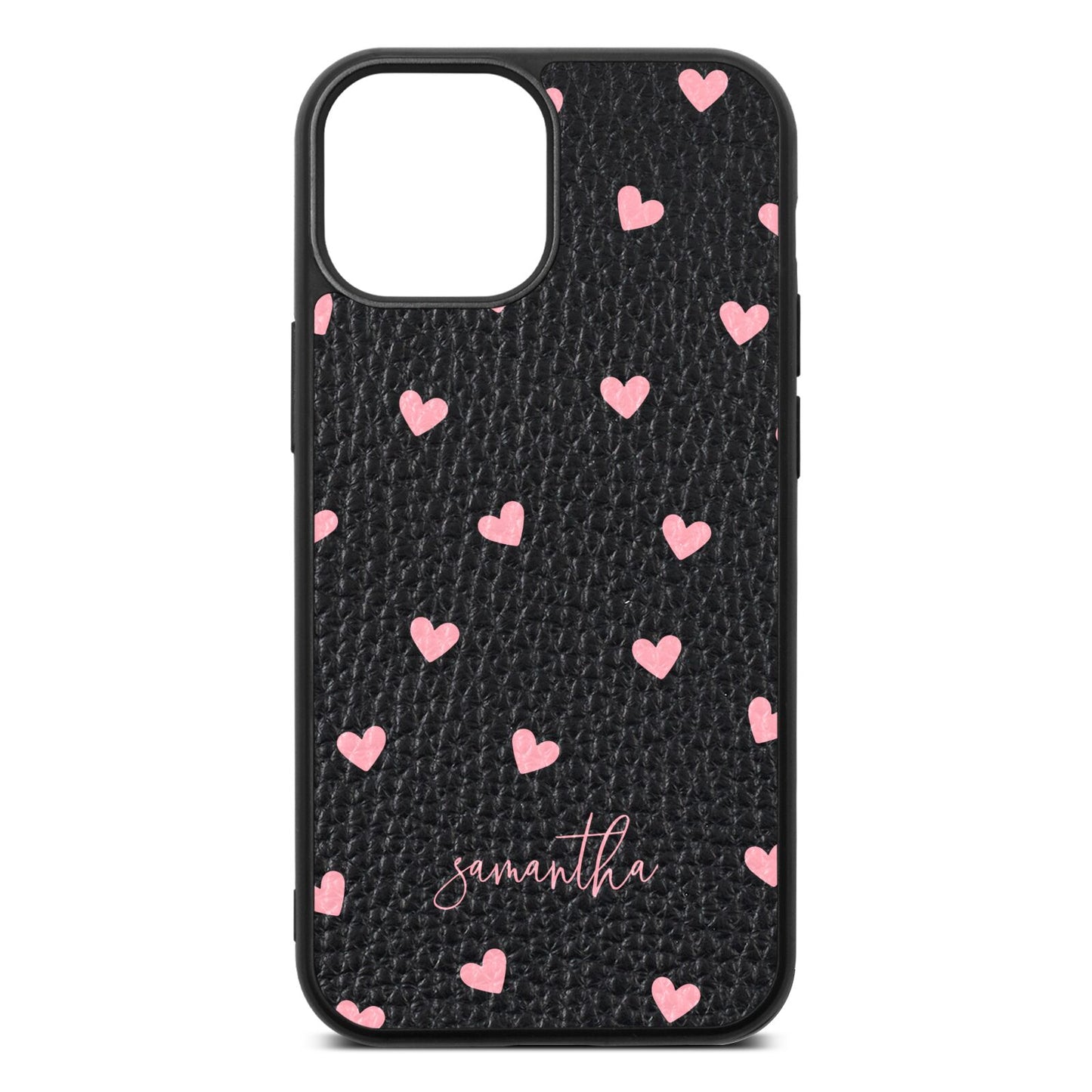 Pink Hearts with Custom Name Black Pebble Leather iPhone 13 Mini Case