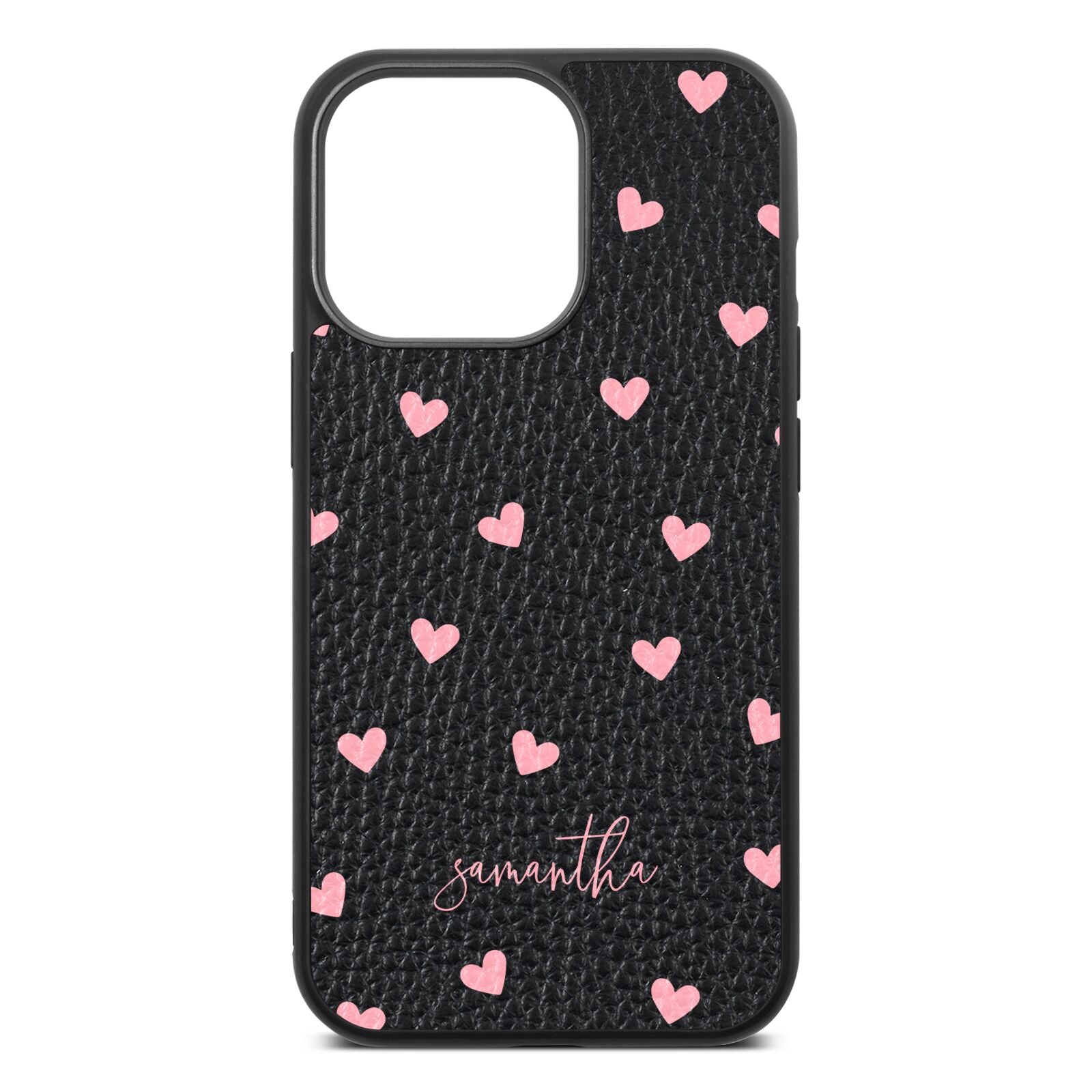 Pink Hearts with Custom Name Black Pebble Leather iPhone 13 Pro Case