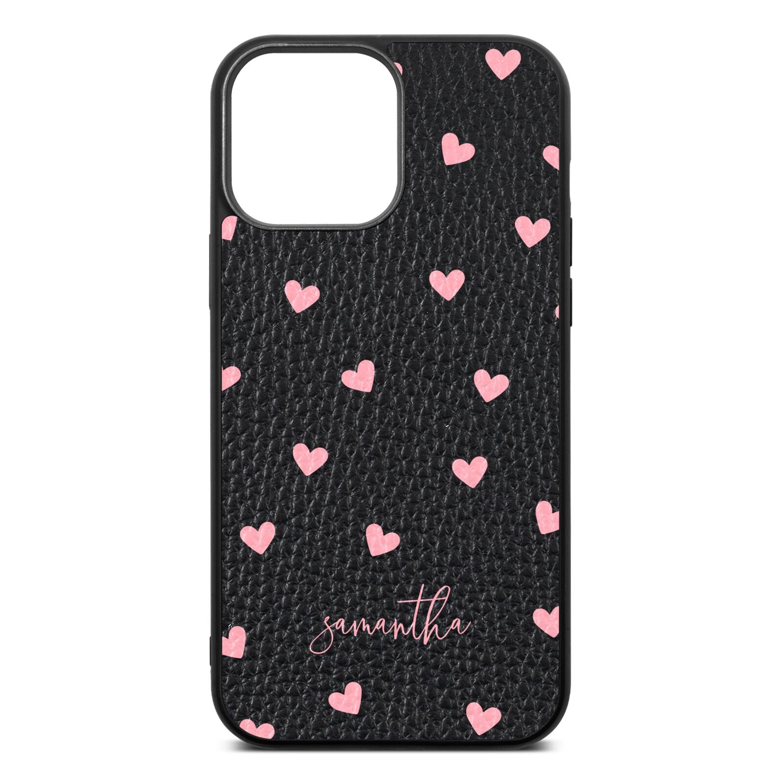 Pink Hearts with Custom Name Black Pebble Leather iPhone 13 Pro Max Case