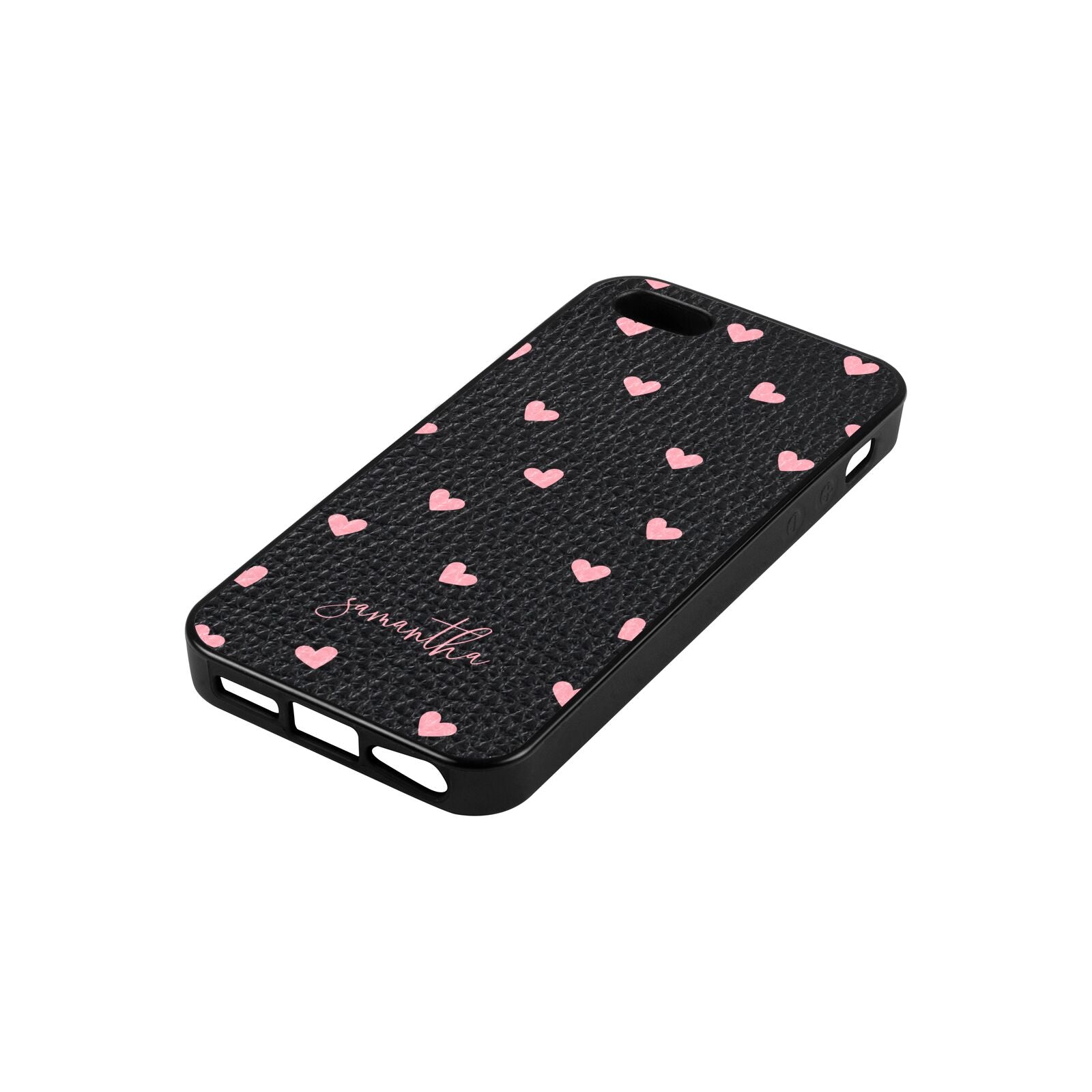 Pink Hearts with Custom Name Black Pebble Leather iPhone 5 Case Side Angle