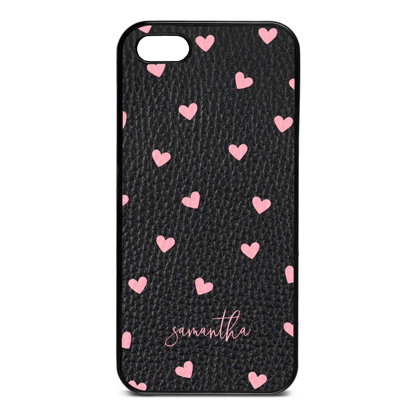 Pink Hearts with Custom Name Black Pebble Leather iPhone 5 Case