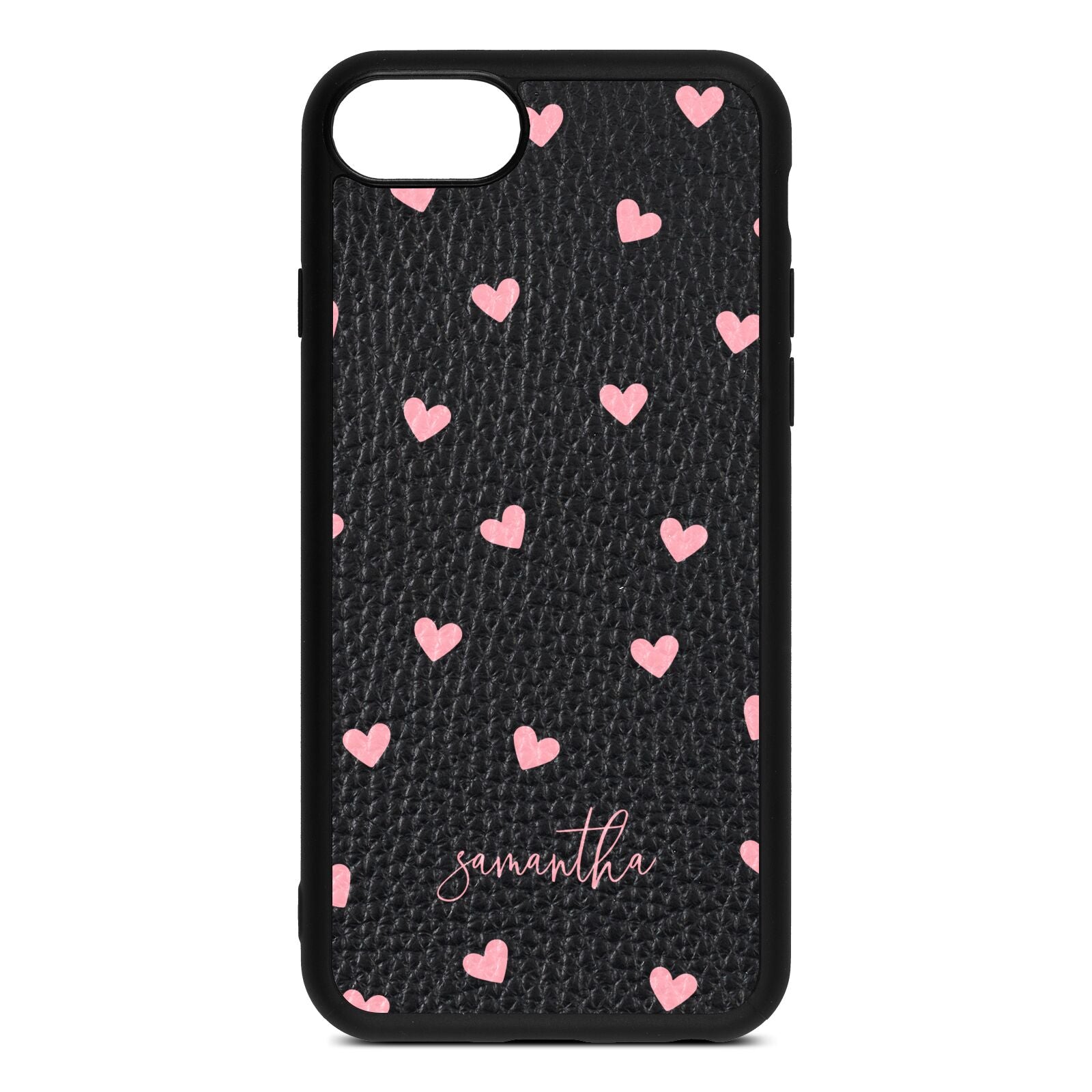 Pink Hearts with Custom Name Black Pebble Leather iPhone 8 Case