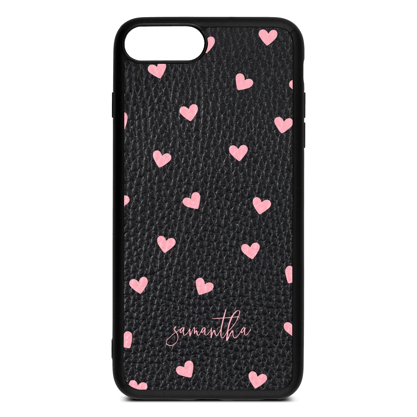 Pink Hearts with Custom Name Black Pebble Leather iPhone 8 Plus Case