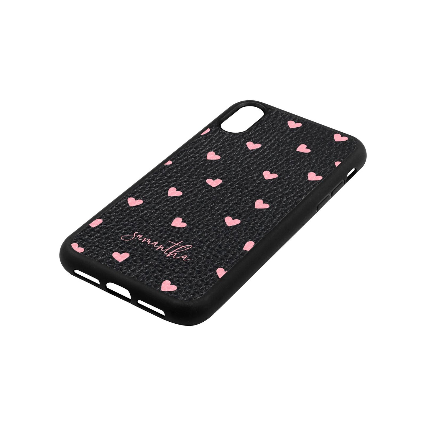Pink Hearts with Custom Name Black Pebble Leather iPhone Xr Case Side Angle