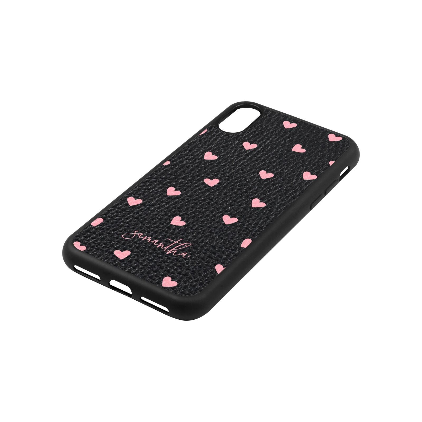 Pink Hearts with Custom Name Black Pebble Leather iPhone Xs Case Side Angle