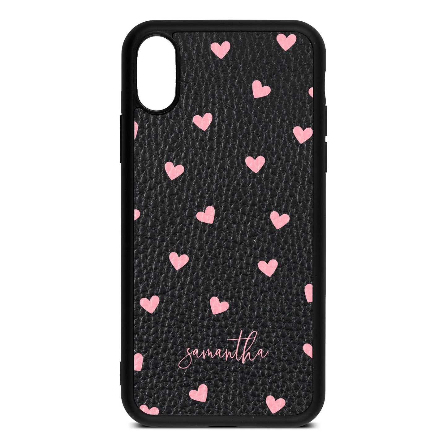 Pink Hearts with Custom Name Black Pebble Leather iPhone Xs Case
