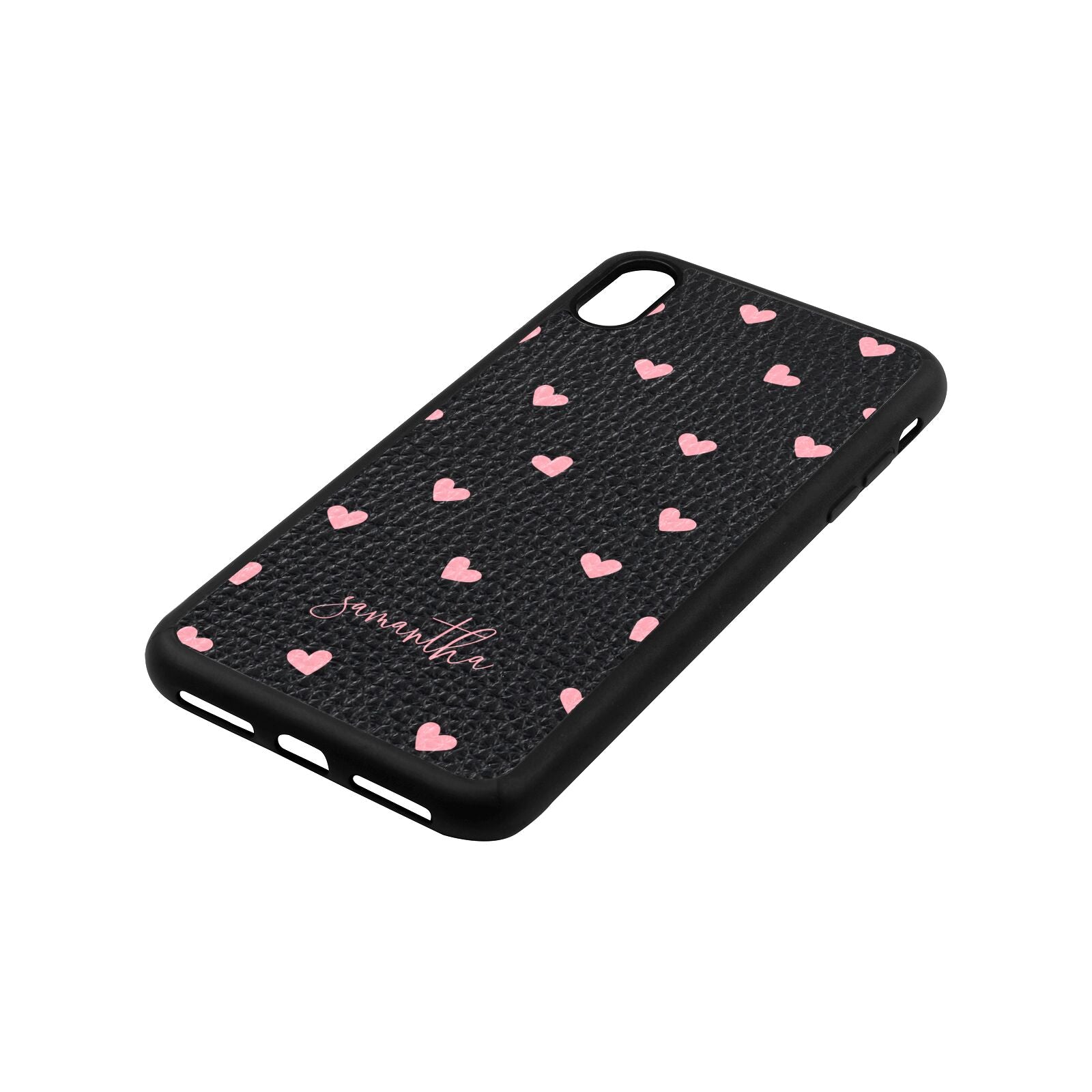 Pink Hearts with Custom Name Black Pebble Leather iPhone Xs Max Case Side Angle