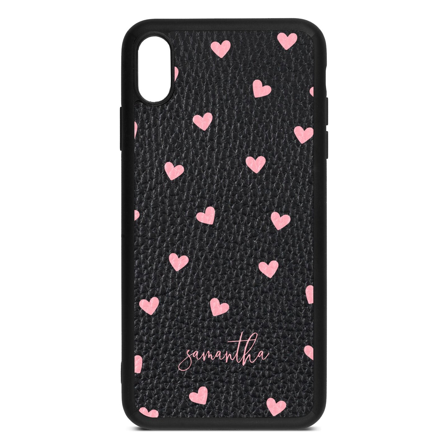 Pink Hearts with Custom Name Black Pebble Leather iPhone Xs Max Case