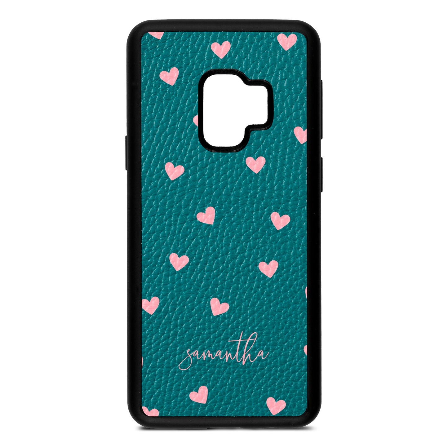 Pink Hearts with Custom Name Green Pebble Leather Samsung S9 Case
