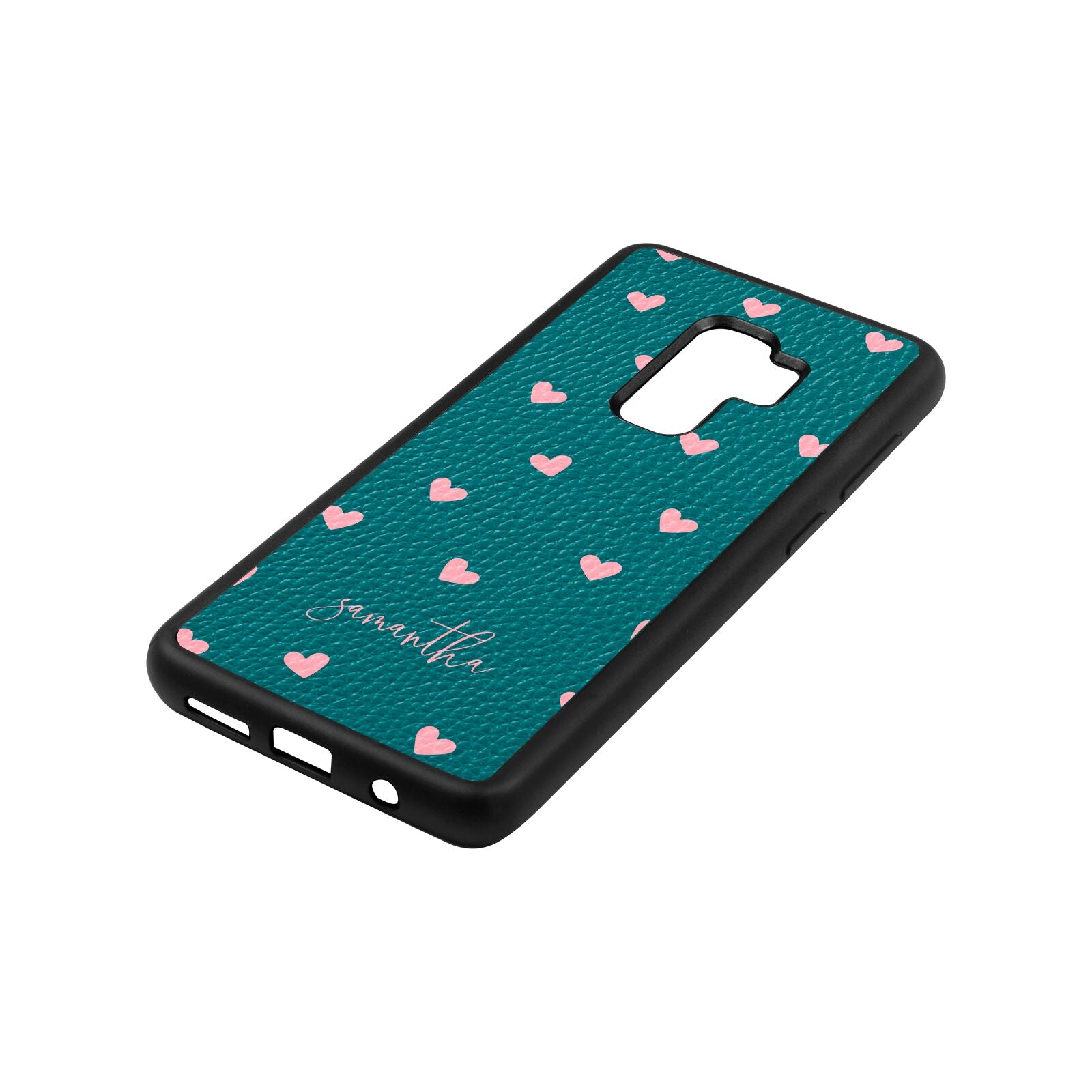 Pink Hearts with Custom Name Green Pebble Leather Samsung S9 Plus Case Side Angle
