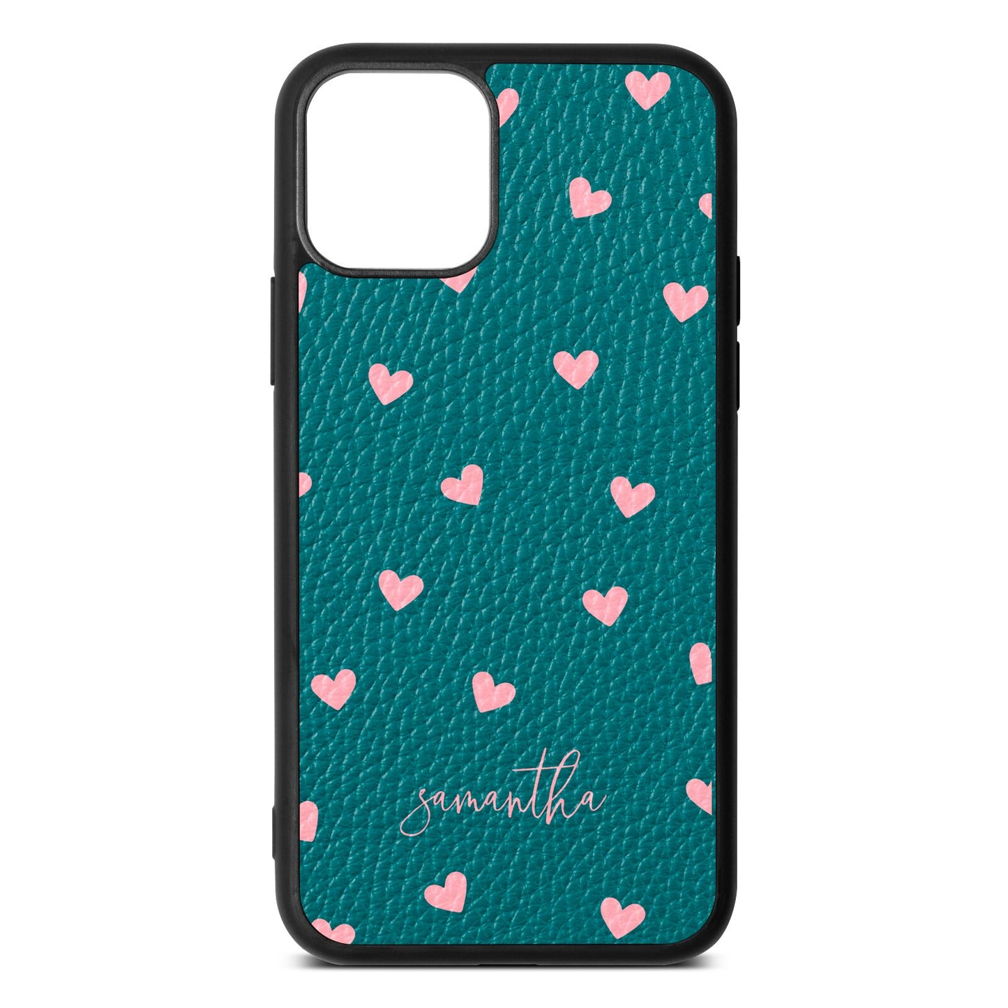 Pink Hearts with Custom Name Green Pebble Leather iPhone 11 Case