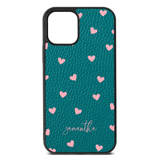Pink Hearts with Custom Name Green Pebble Leather iPhone 12 Case
