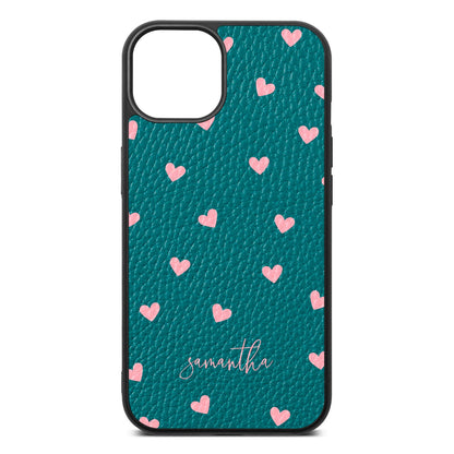 Pink Hearts with Custom Name Green Pebble Leather iPhone 13 Case