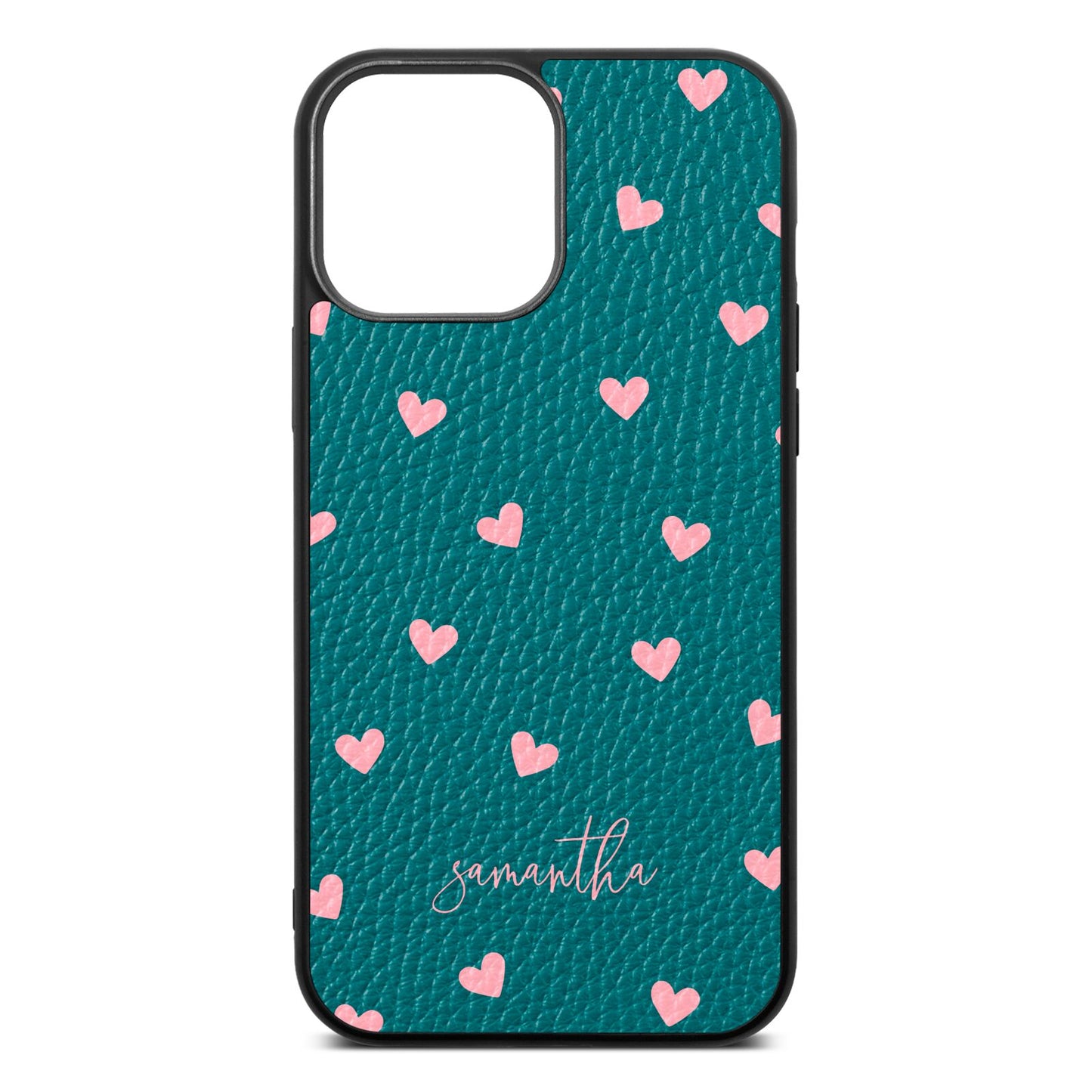 Pink Hearts with Custom Name Green Pebble Leather iPhone 13 Pro Max Case