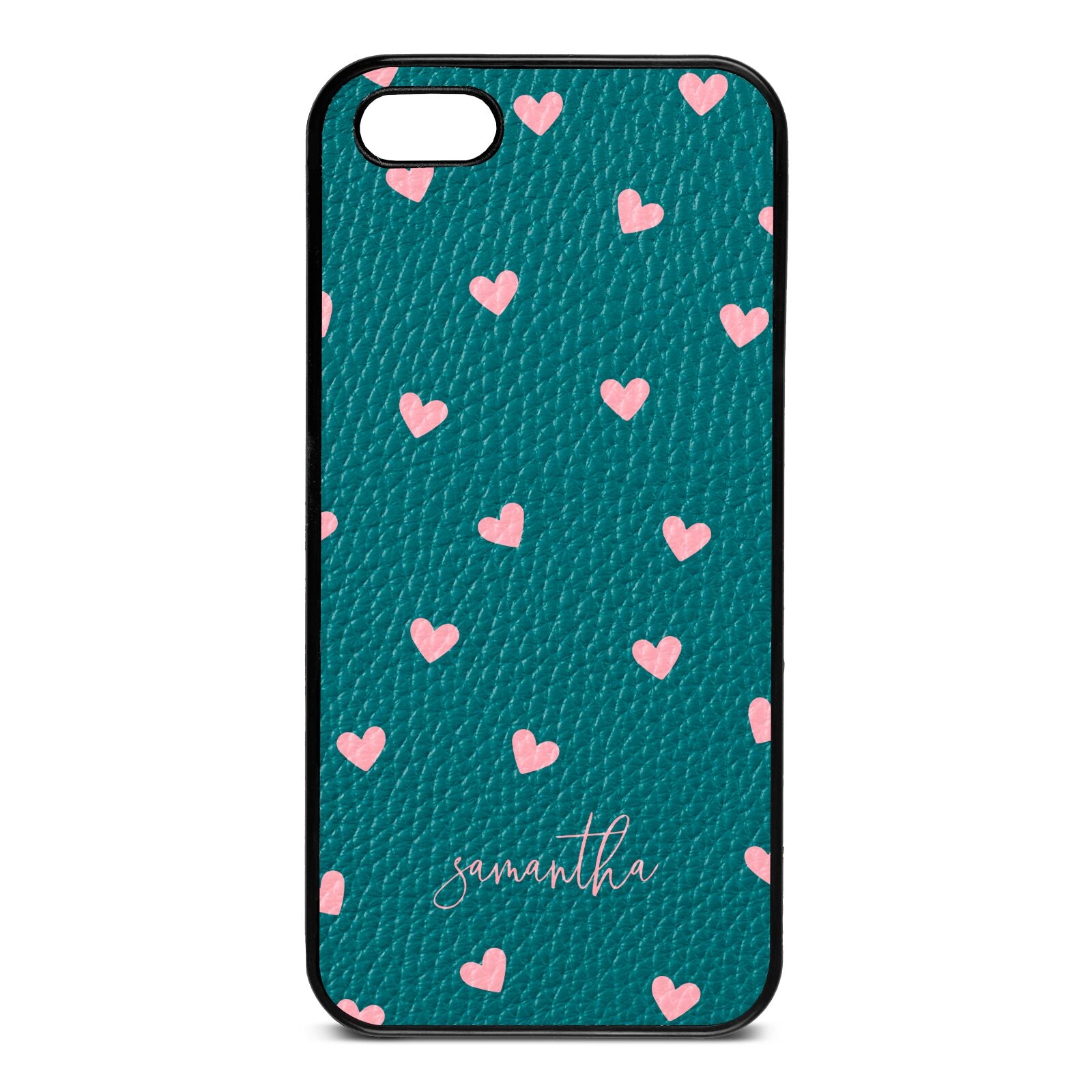 Pink Hearts with Custom Name Green Pebble Leather iPhone 5 Case