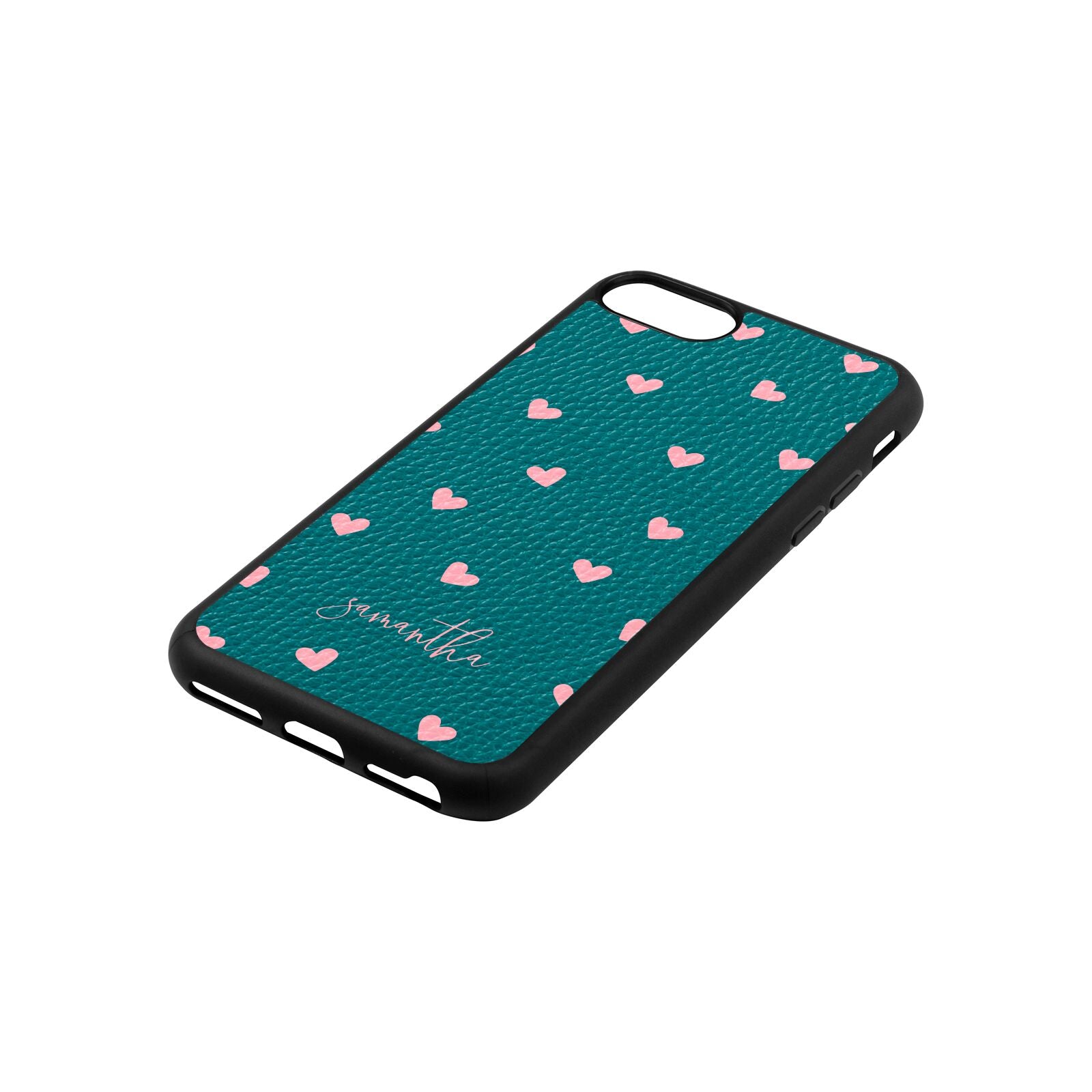 Pink Hearts with Custom Name Green Pebble Leather iPhone 8 Case Side Angle