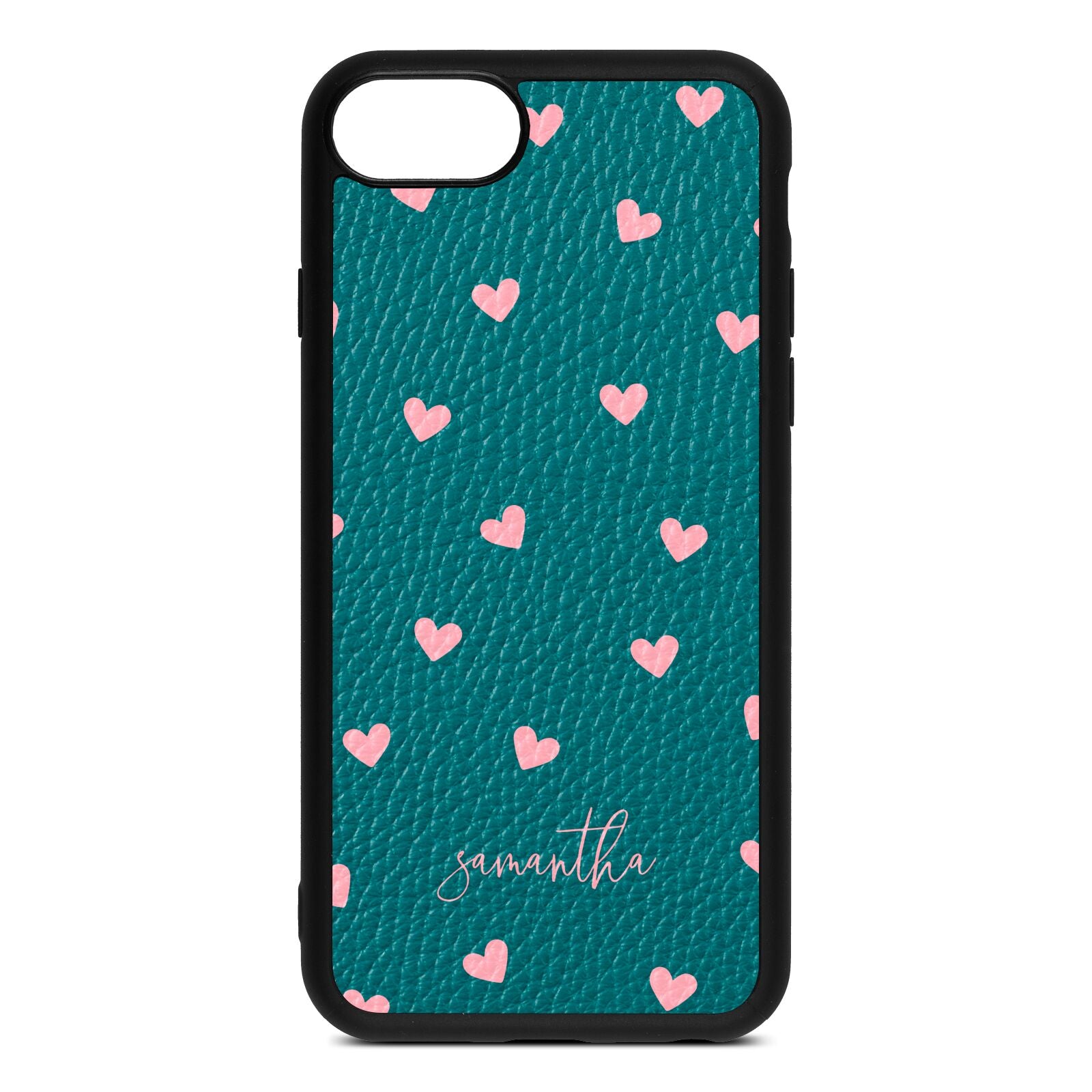 Pink Hearts with Custom Name Green Pebble Leather iPhone 8 Case