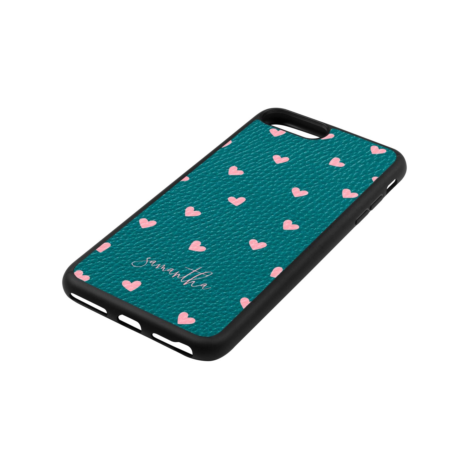 Pink Hearts with Custom Name Green Pebble Leather iPhone 8 Plus Case Side Angle