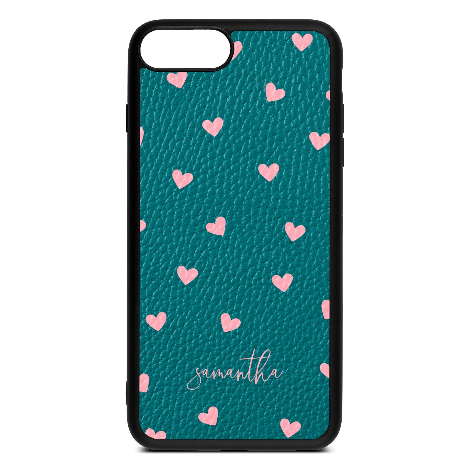 Pink Hearts with Custom Name Green Pebble Leather iPhone 8 Plus Case