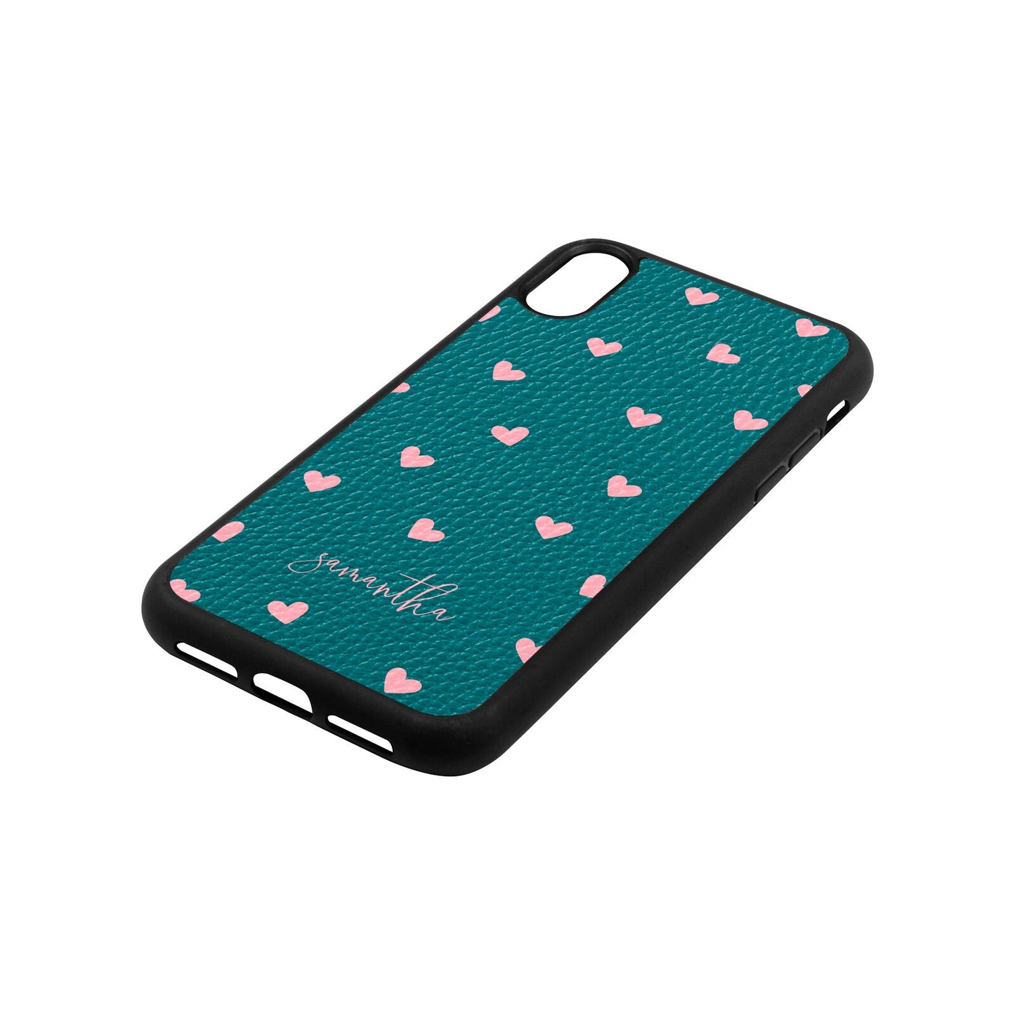 Pink Hearts with Custom Name Green Pebble Leather iPhone Xr Case Side Angle