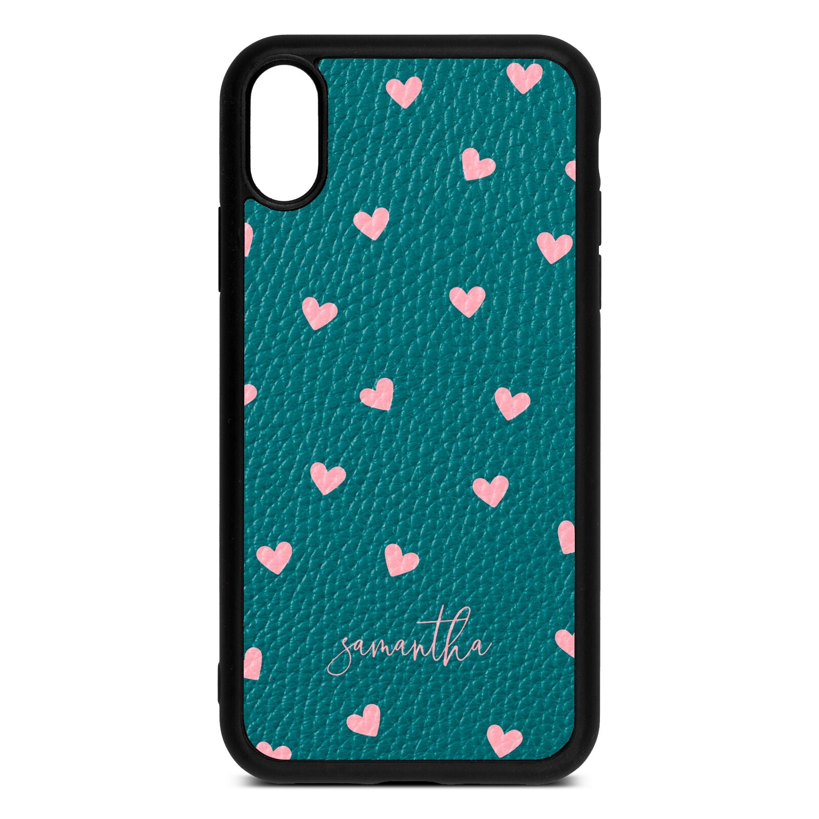 Pink Hearts with Custom Name Green Pebble Leather iPhone Xr Case
