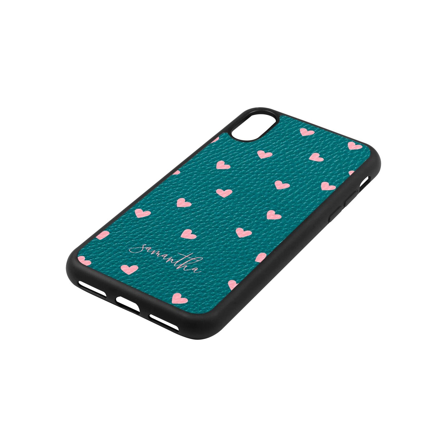 Pink Hearts with Custom Name Green Pebble Leather iPhone Xs Case Side Angle