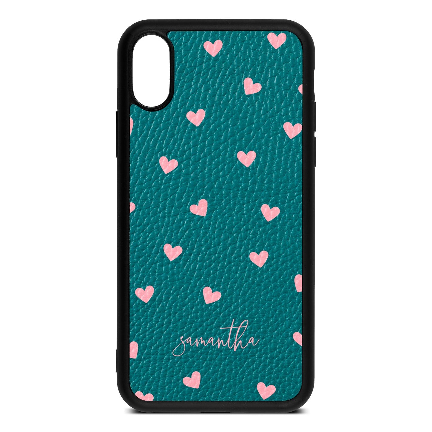Pink Hearts with Custom Name Green Pebble Leather iPhone Xs Case