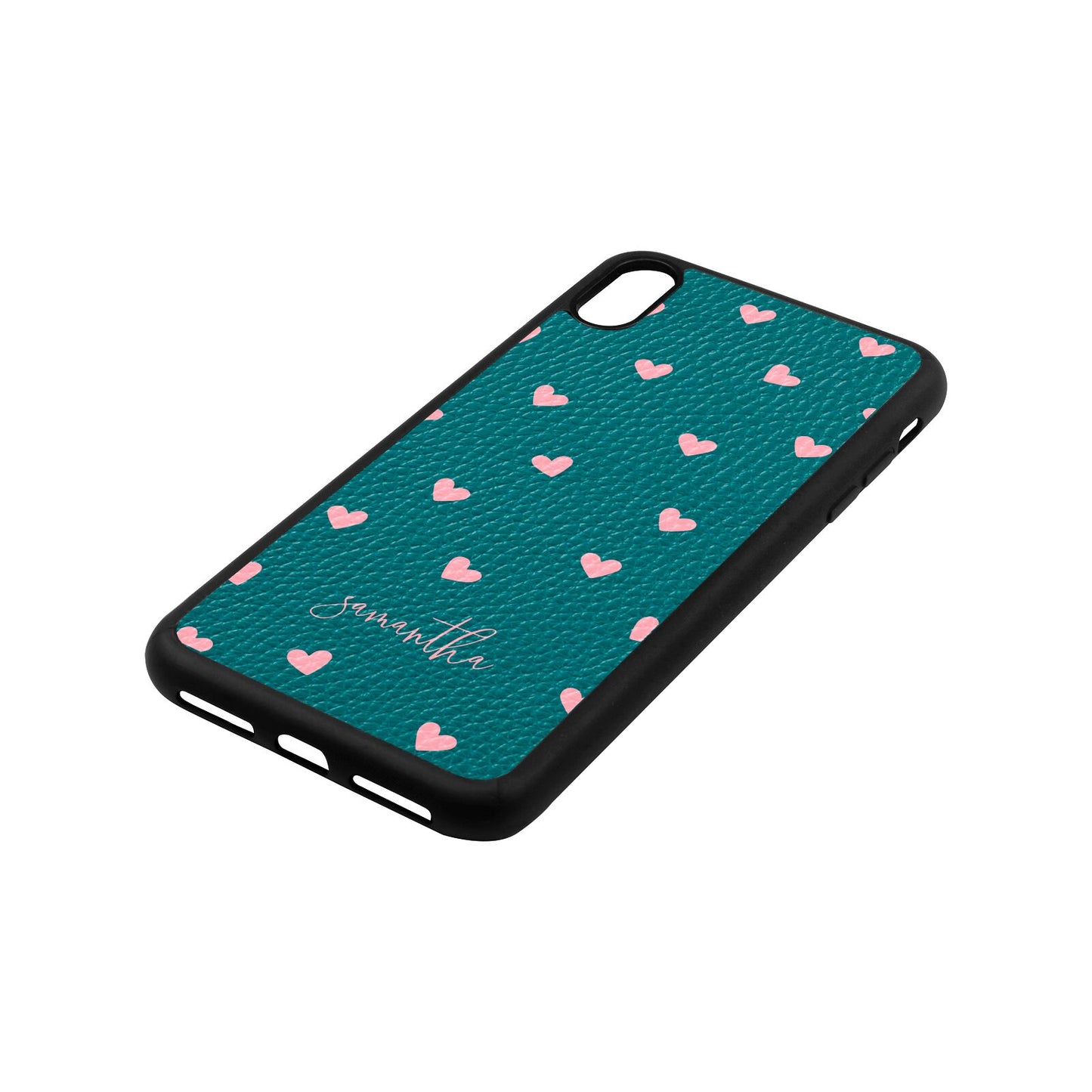 Pink Hearts with Custom Name Green Pebble Leather iPhone Xs Max Case Side Angle