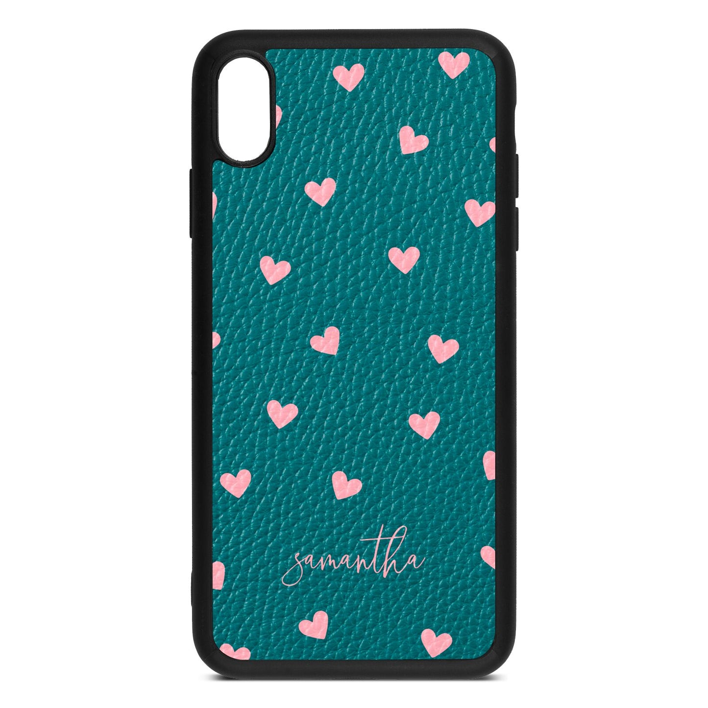 Pink Hearts with Custom Name Green Pebble Leather iPhone Xs Max Case