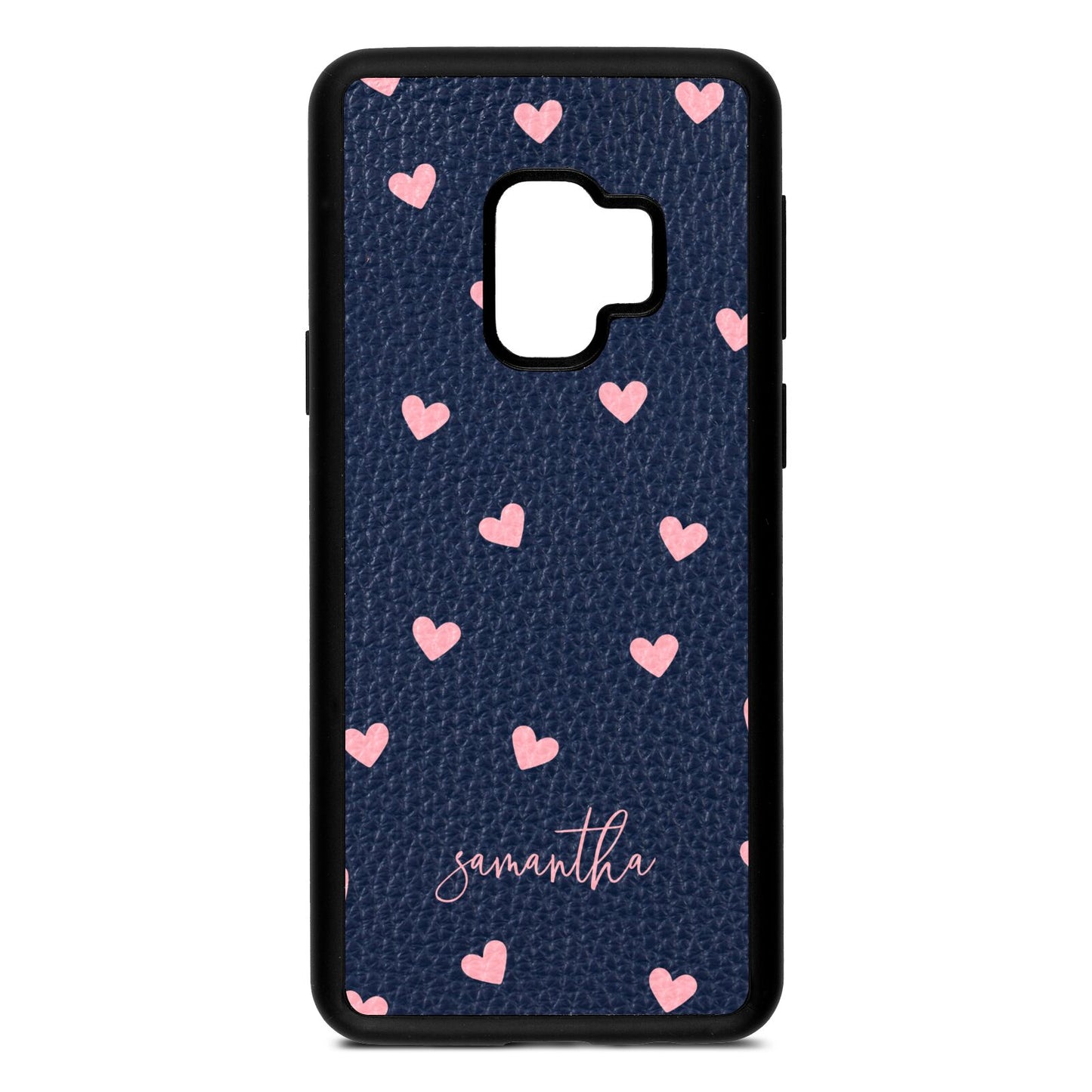 Pink Hearts with Custom Name Navy Blue Pebble Leather Samsung S9 Case